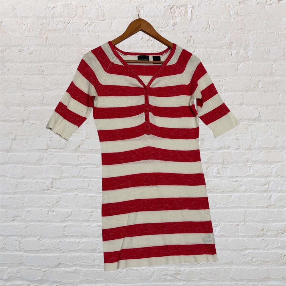 Kersh‎ Red Cream Striped Knit V-Neck Button Front Tunic Medium